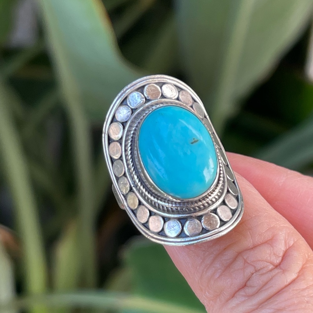 Natural Persian turquoise & heavy solid sterling silver size 8 ring